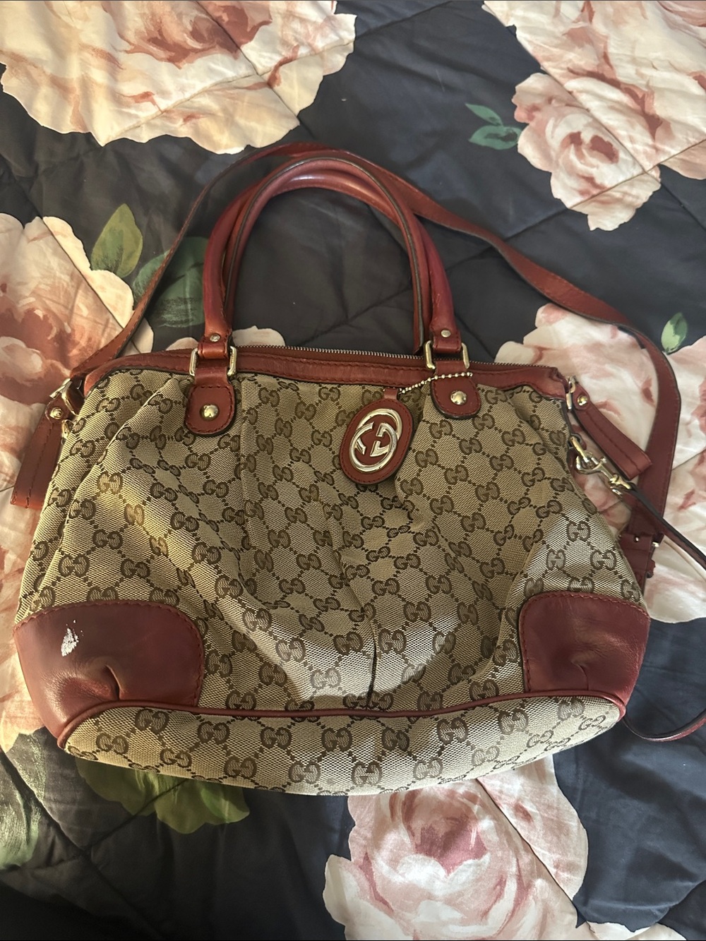 Gucci Beige GG Canvas Satchel with Burgundy Leather Trim Loved